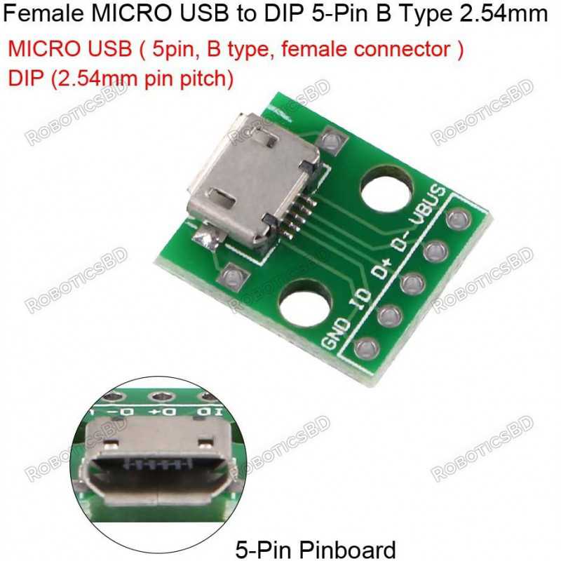 Micro USB to Breadboard & PCB 2.54mm DIP 5P Adapter Robotics Bangladesh